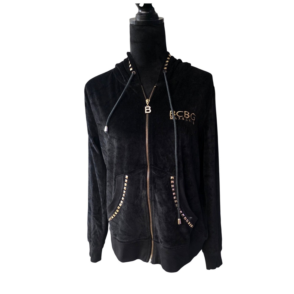 BCBG Max Azria‎ Black Velour Zip Up Hoodie Studded Trim Gold Logo XL